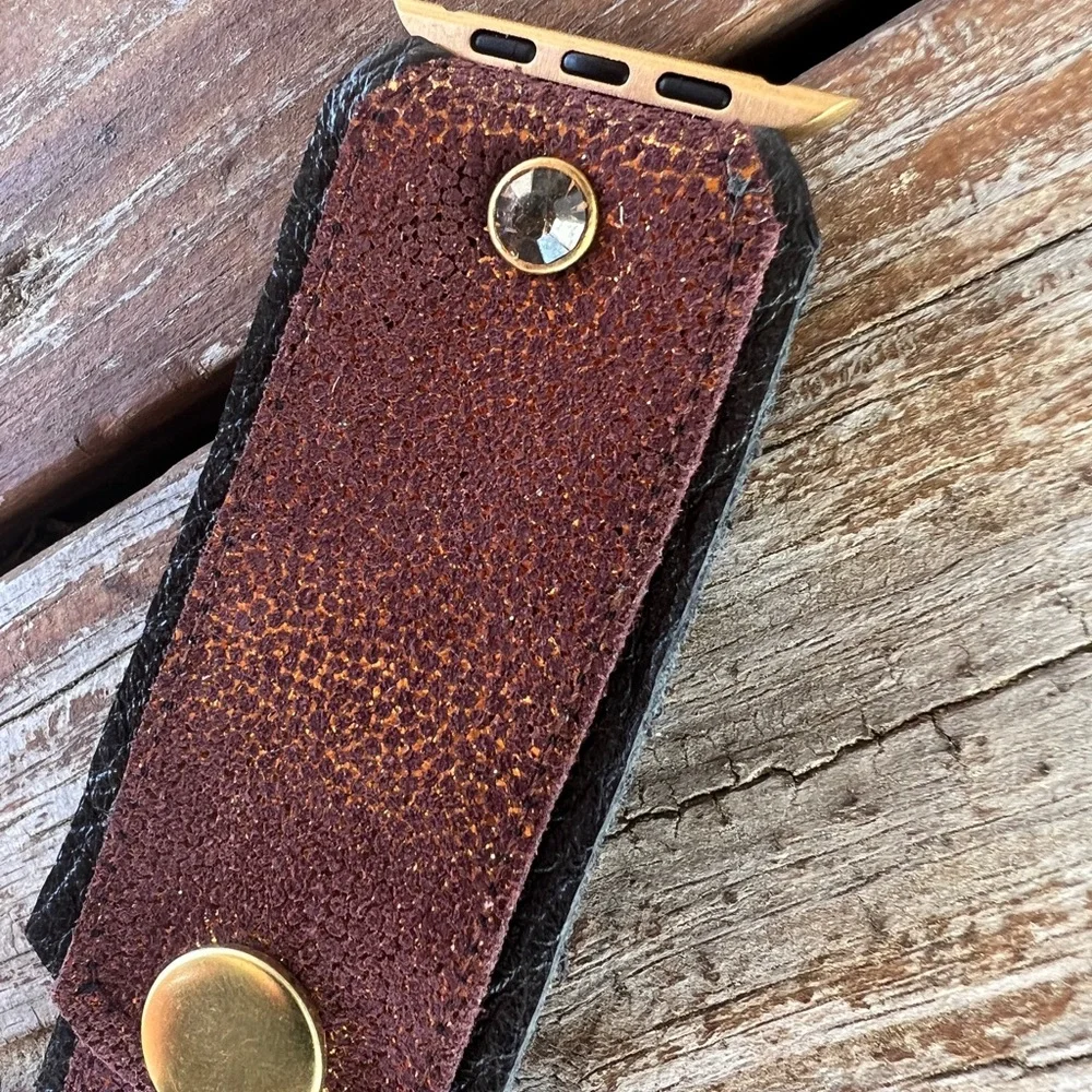 Brown glittery Leather on off black leather Apple Watch band